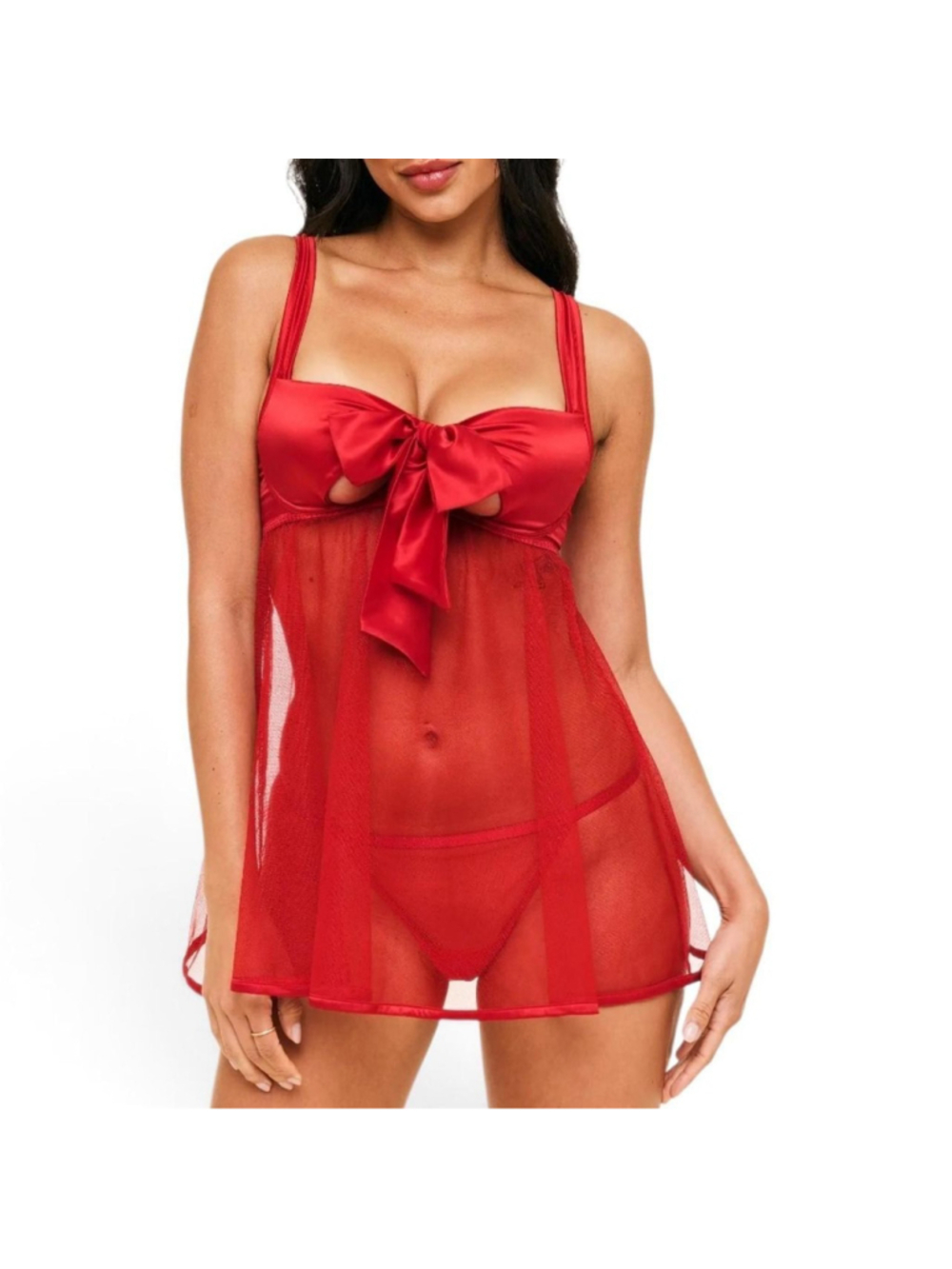 Adore Me Bessima Red mesh babydoll with bow detail in in Red size Medium